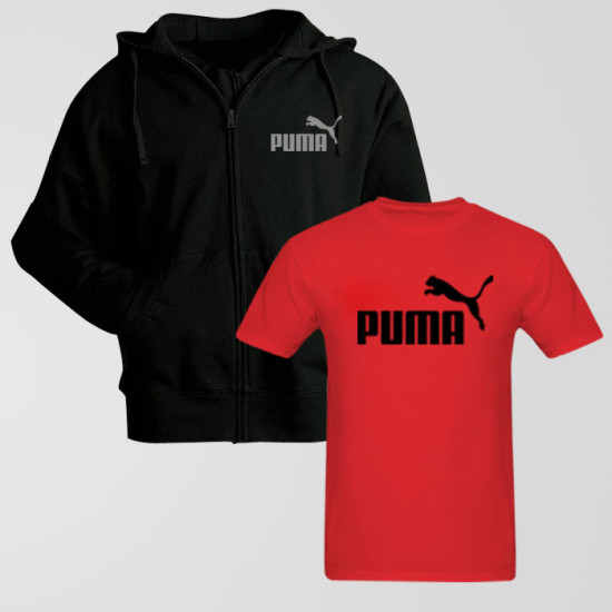 Black Zipper Hoodie With Puma Logo T-Shirt